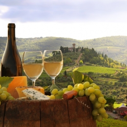 White-wine-with-barrel-on-vineyard-in-Chianti-Tuscany-Italy-_154393475